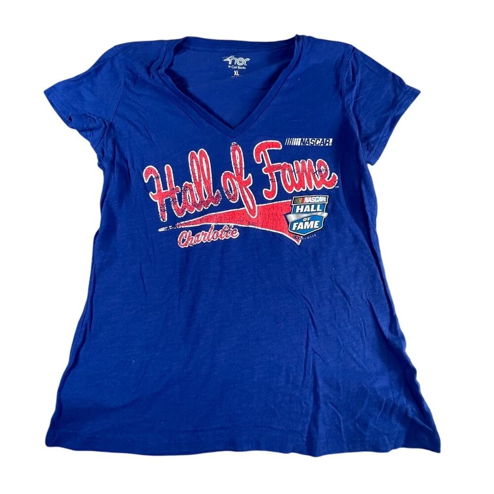 NASCAR Hall Of Fame Shirt Womens XL Blue Charlotte North Carolina V-Neck Tee